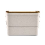 A dual-compartment lunch box in a light, speckled colour with a wooden lid and a simple, modern design.