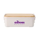 A lunch box in white with a bamboo lid and a logo. Features a dual-compartment design.