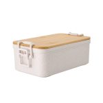A white dual-compartment lunch box with a bamboo lid and clips, featuring a minimalist design.