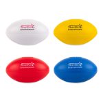 A set of four football stress relievers in red, blue, yellow, and white, featuring a logo.