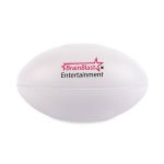 A football-shaped stress reliever with a smooth surface and a logo printed on one side.