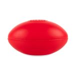 A red football-shaped stress reliever, designed as a fun and playful stress ball, categorized under Fun & Games.