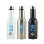 A drink bottle set featuring three vacuum bottles in white, stainless steel, and black, each with a logo.