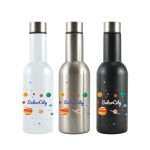 A drink bottle set featuring three flasks: a white one, a stainless steel one, and a black one, each with a logo and colorful designs.