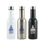 A drink bottle set featuring three styles: white, stainless steel, and black, each with a branding logo.