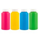 A drink bottle set featuring four vibrant colors: pink, yellow, blue, and green, each with a white screw-on cap.