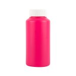 A drink bottle in bright pink with a white screw-on lid. It has a smooth surface and a branding logo.