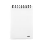 A white notepad with a spiral binding and a black base, featuring a plain cover.
