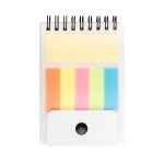 A spiral-bound notepad with sticky notes in yellow, orange, pink, green, and blue, featuring a front cover with a button.