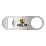 A stainless steel bottle opener with a rounded end and a circular cutout, featuring a logo.