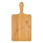 A bamboo serving board with a rectangular shape and a hanging hole at the top. It features a smooth, natural wood finish.