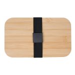 A bamboo lunch box with a black strap, featuring a simple rectangular design and a smooth finish.