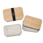 A bamboo-lid lunch box in natural tones, featuring a removable tray with utensils and a black elastic strap.