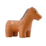 A brown horse-shaped stress reliever with a textured mane and a branded logo on one side.