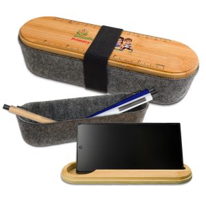 A gray felt utility case with a bamboo lid featuring a ruler, alongside a pen and a smartphone.