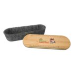 A gray felt container with a bamboo lid featuring a logo and a ruler design. The lid has a playful illustration.