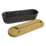 A gray felt utility case with a bamboo lid. The lid features a cut-out for easy access to the contents.