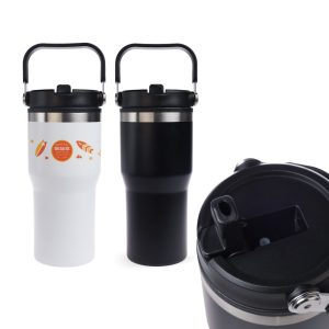 A drink bottle featuring a handle, available in white with graphics and matte black, with a spill-resistant lid.