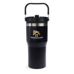 A drink bottle featuring a black exterior and stainless steel accents, with a handle and a logo.