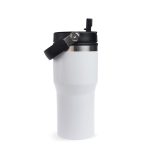 A drink bottle in white with a black lid and handle, featuring a stainless steel accent.