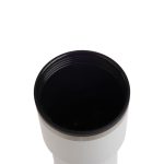 A drink bottle features a sleek white design with a stainless steel rim and a dark interior.