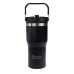 A drink bottle features a black stainless steel design with a handle and a logo. Suitable for beverages on the go.