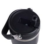 A drink bottle with a black lid and a handle, featuring a spout for easy sipping. The body is stainless steel.