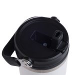 A drink bottle in white and black with a lid featuring a drinking spout and handle. It has a logo on the side.