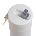 A drink bottle with a white exterior and a clear flip-top lid for easy access.