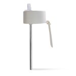 A drink bottle in white with a stainless steel straw and a removable cap. Features a logo.