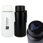 A drink bottle with a white body and black lid. It features a logo and a flip-top opening for easy access.