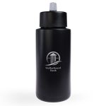 A drink bottle in black, featuring a screw-top lid and a logo on the front. Designed for easy hydration.