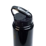 A drink bottle in shiny black with a flip straw lid and a built-in handle. It features a smooth, cylindrical body.