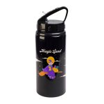 A drink bottle in black featuring a character from "Magic Land" with a flip straw lid.