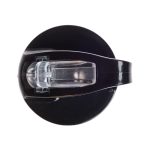 A drink bottle with a black flip straw lid, featuring a clear straw mechanism and a circular base.