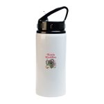 A drink bottle in white with a black flip straw lid and a cute koala design featuring the text "Koala Kuddles."
