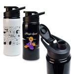 A drink bottle featuring a white design with various illustrations, a black bottle with a character, and a lid.