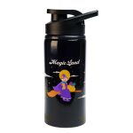 A drink bottle in black with a free flow lid, featuring a whimsical character and colorful design.