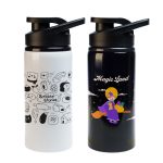 A drink bottle featuring a white design with sketches on one side and a black side with a colorful character illustration.