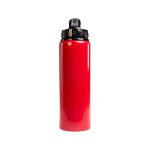 A drink bottle featuring a vibrant red exterior and a black flip straw lid, designed for convenience and ease of use.