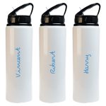 A drink bottle featuring a white body and a black flip straw lid, with names printed in blue on the side.