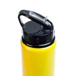 A drink bottle with a bright yellow body and a black flip straw lid.