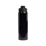 A drink bottle featuring a sleek black design and a free flow lid, with a capacity of 750ml.