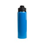A drink bottle in vibrant blue with a black free flow lid. It has a sleek, glossy finish.