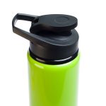 A drink bottle with a bright green body and a black free flow lid. The design includes a handle for easy carrying.
