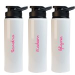 A drink bottle with a sleek white design and a black flip lid, featuring decorative names in pink.
