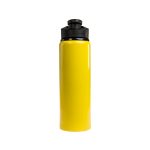 A drink bottle in bright yellow with a black free flow lid and a sleek, cylindrical design.