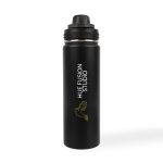 A drink bottle in matte black stainless steel with a logo and a screw-top lid.