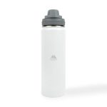 A drink bottle in white with a gray lid, featuring a logo on the body.