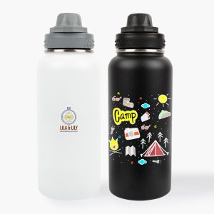 A drink bottle in black with camping-themed graphics and a white bottle with a logo, both stainless steel.